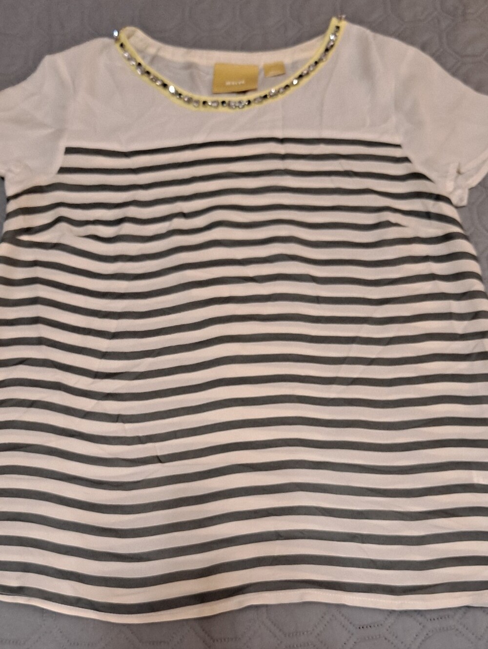 Striped Womens Top with Embellished Jewel  Collar - White & Gray Sz S